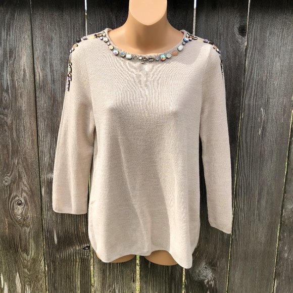 J. Crew Merino Wool Blend Sweater Jeweled Collar - Picture 1 of 7